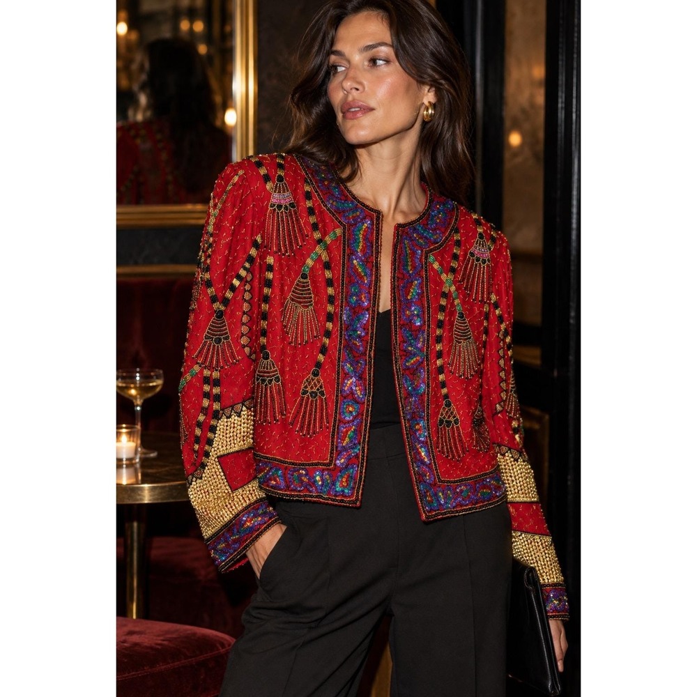 Vintage 80s Laurence Kazar Silk Beaded Sequin Trophy Jacket Red M
